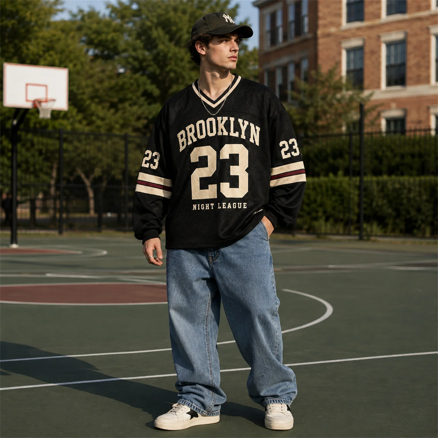 Men Brooklyn 23 Long Sleeve Jersey V Neck Mesh Shirt Vintage Varsity Football Style Streetwear Sportswear Top
