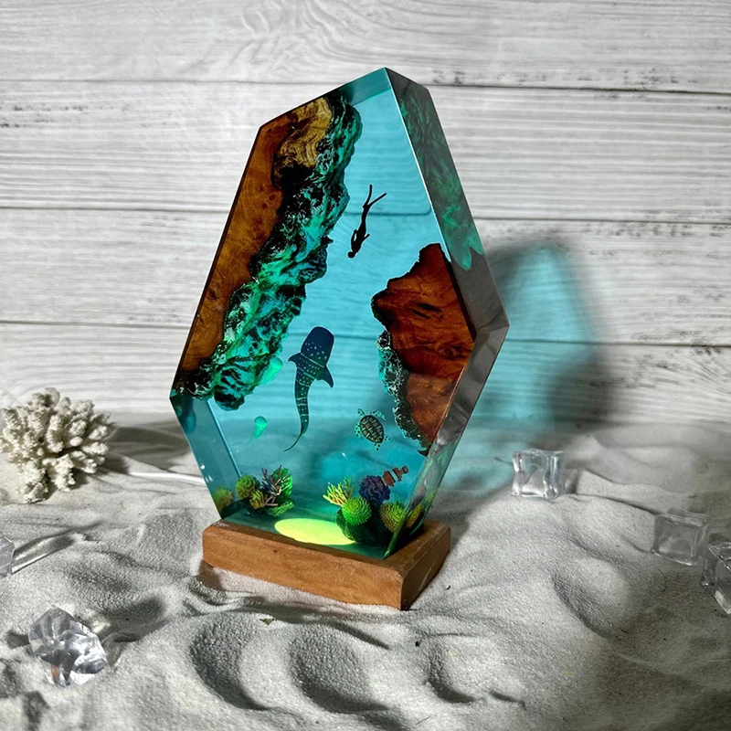 المحيط العضوية الراتنج مصباح الإبداعية الفن ليلة ضوء الحرفية تحت سطح البحر الحوت غواص المناظر الطبيعية الديكور الجدول مصباح USB شحن