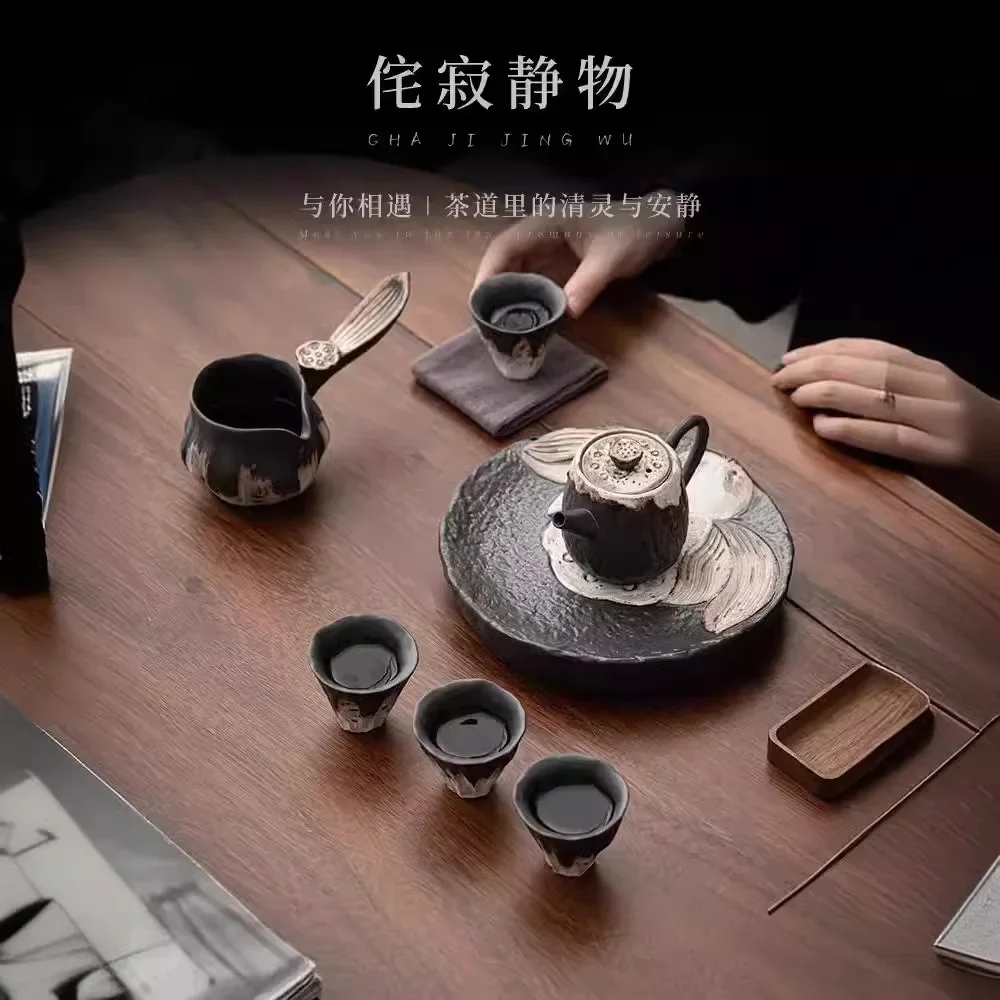Wabi Sand Wind High-end Luxury Kung Fu Tea Set Household Handmade Ceramic  Set Powder  Pot  Cup Gift Box