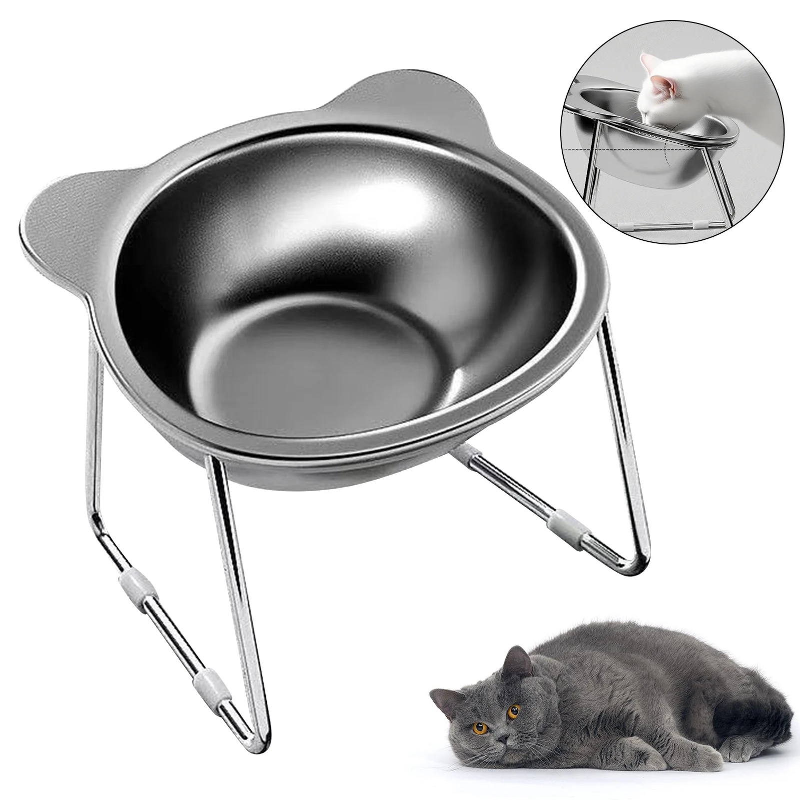 Erhöhte Futterschale aus Edelstahl mit Metallständer für Katzen und kleine Hunde, rutschfeste Nackenstütze, erhöhte Futterschale