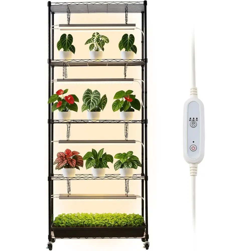 

Стеллаж для растений с фитолампой, 6-ярусная подставка для комнатных растений, 71-дюймовая высокая подставка для растений на колесиках с таймером на 4/9/14 часов, светодиодная лампа T5 80 Вт