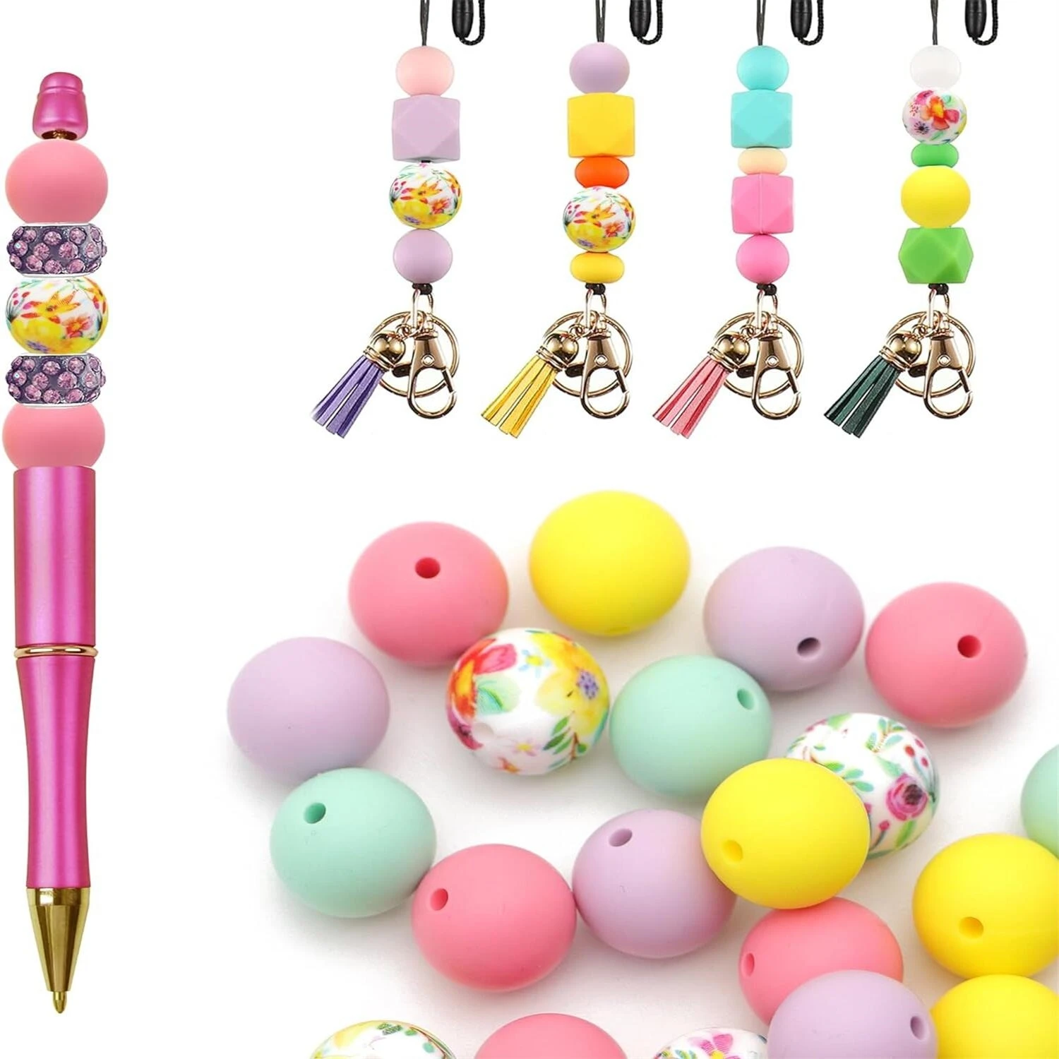 Floral Pattern Silicone Beads 15mm Silicone Beads Loose Round Silicone Beads Keychain Pen Tie Bangle Necklace Jewelry Making DIY Craft 50pcs