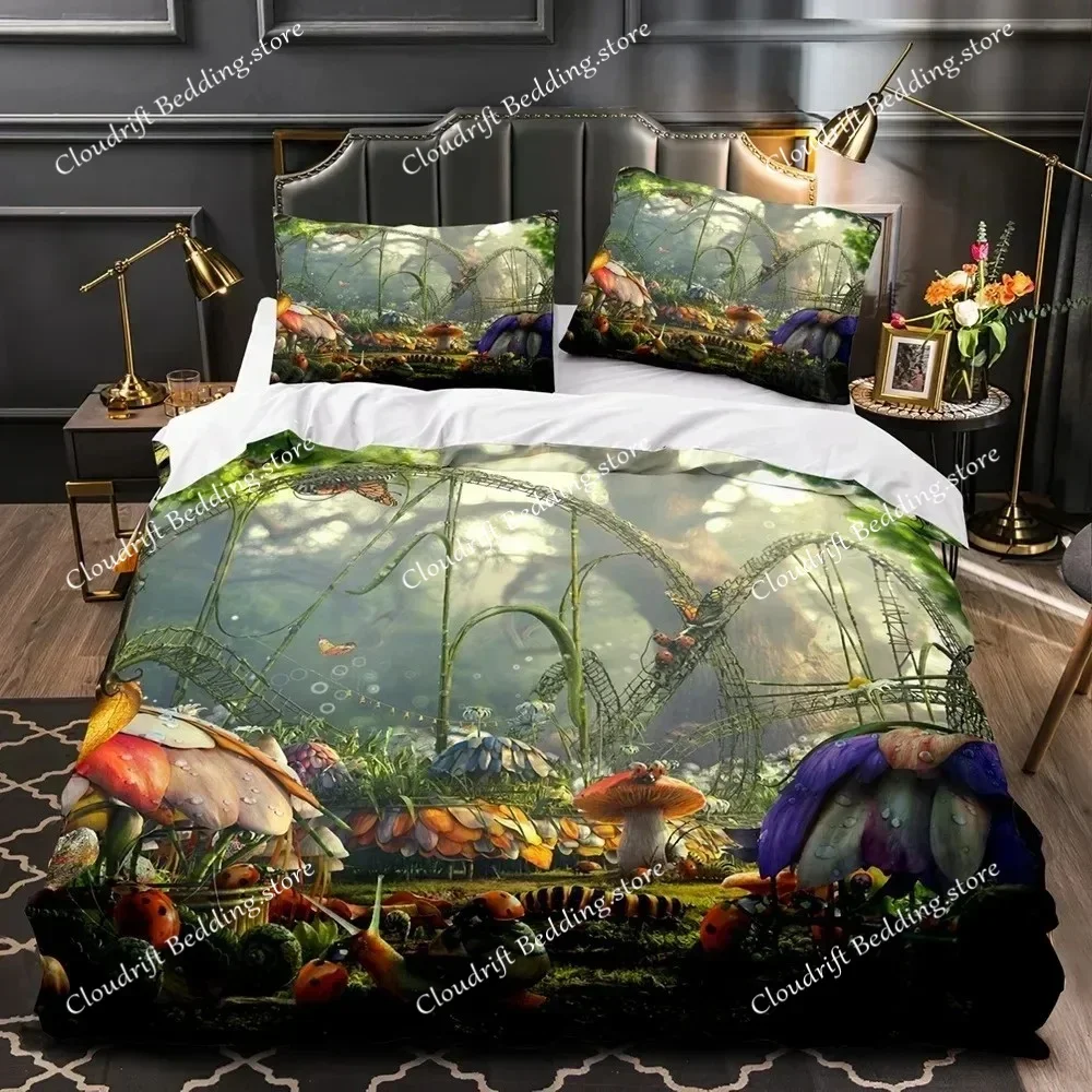 3D Mushroom Fairy Forest Duvet Cover Magic Lilliputian Fungus Plant Bedding Set Fantasy Garden Polyester Comforter Cover026