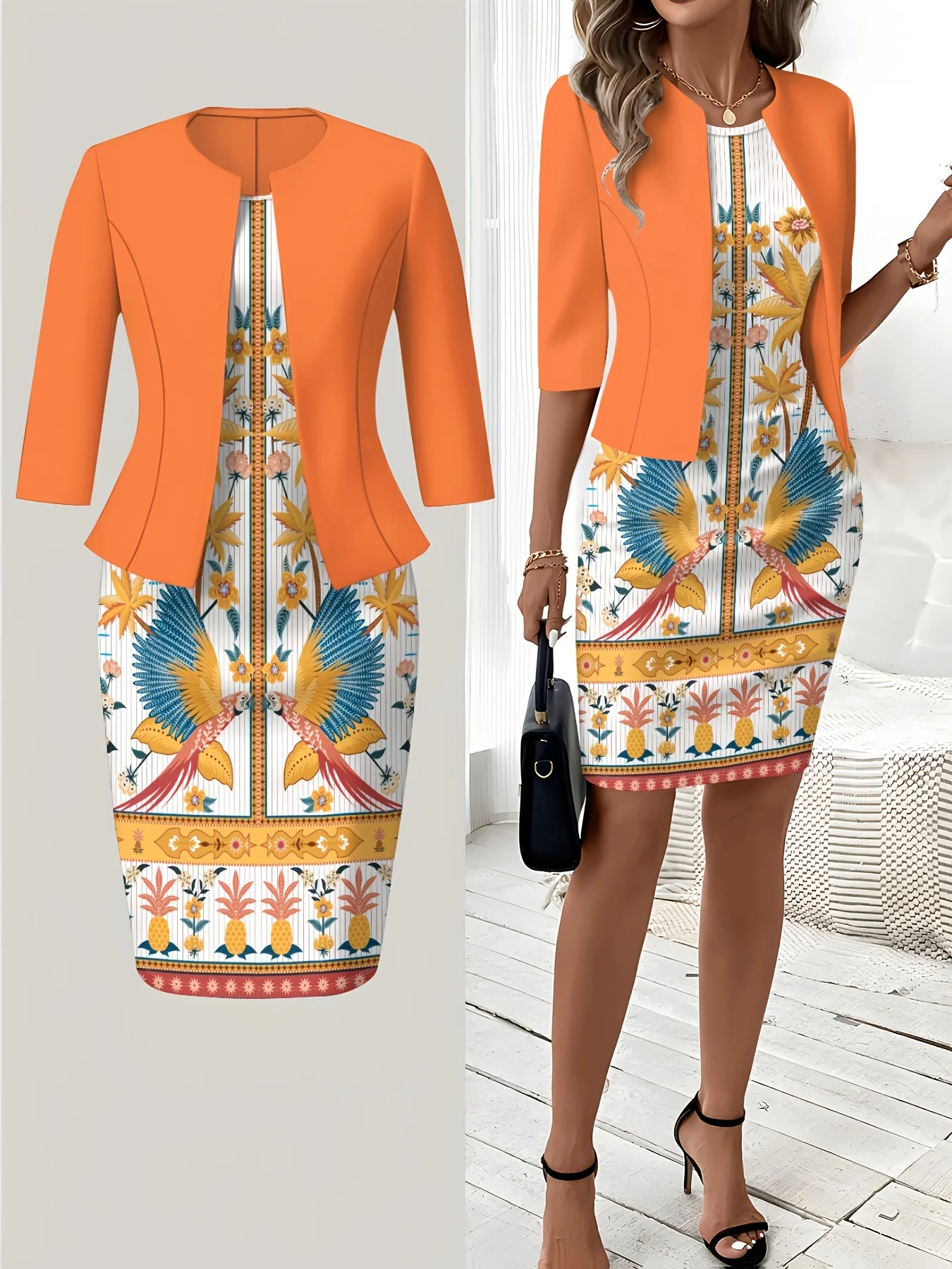 Printed design Casual Style Colorful Floral And Bird Print Round Neck Dress Set