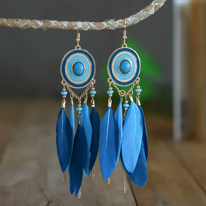 Bohemian Colorful Feather Dangle Earrings For Women Ethnic Long Chain Tassel Drop Earring Girls Vacation Jewelry Gift