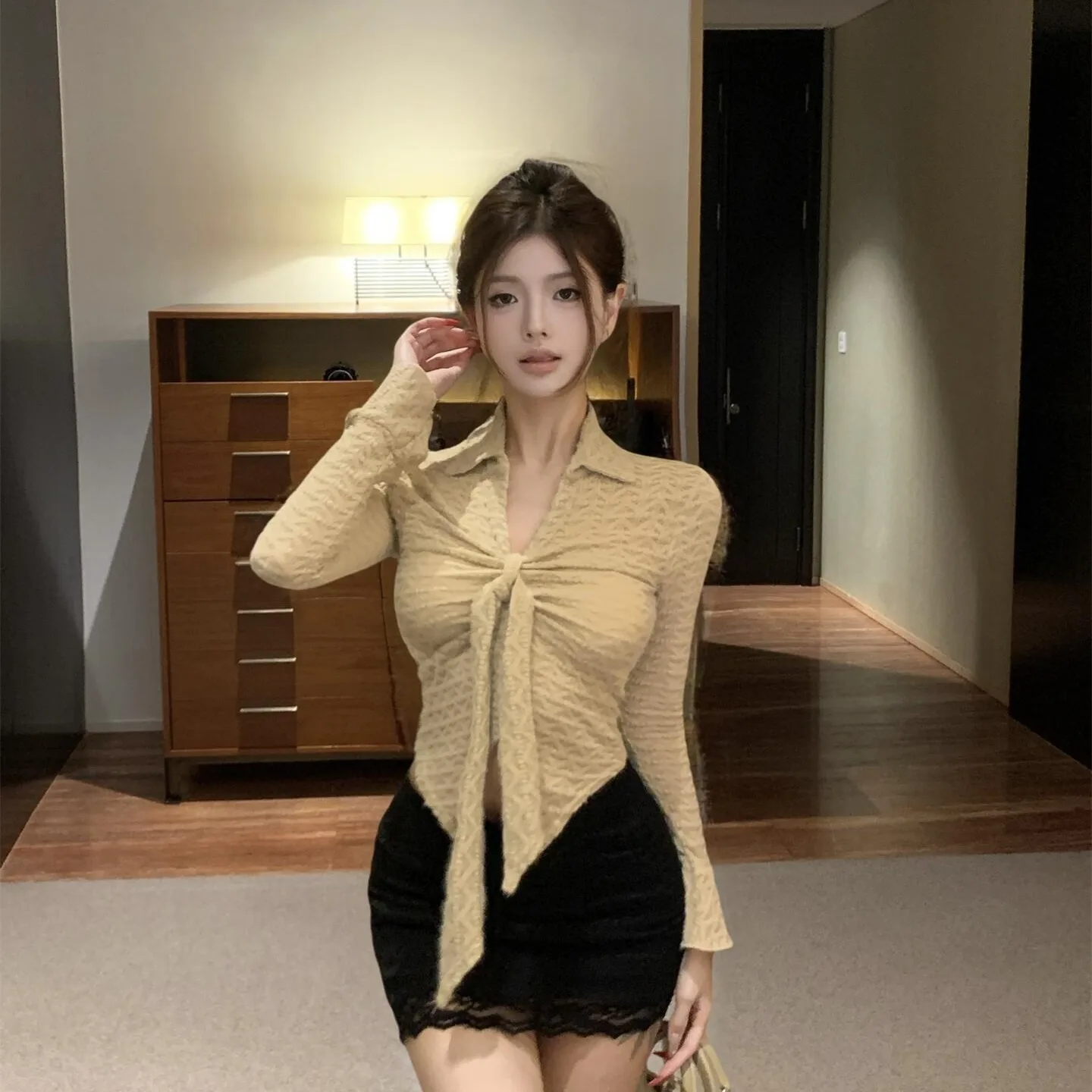 Sexy coreano Sle largo Sve Irregular ajuste mujer Base irt Otoño Invierno puro deseo picante chica adelgazante ropa interior Top