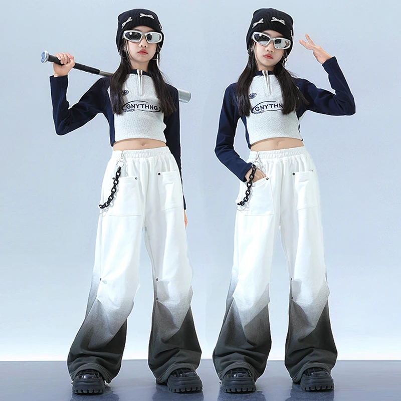 Kpop ชุดเวทีเด็กเสื้อผ้า JAZZ Dancewear Crop Tops สีขาว Shuffle กางเกง Cool Streetwear สาว Hip Hop เสื้อผ้า VDL1943