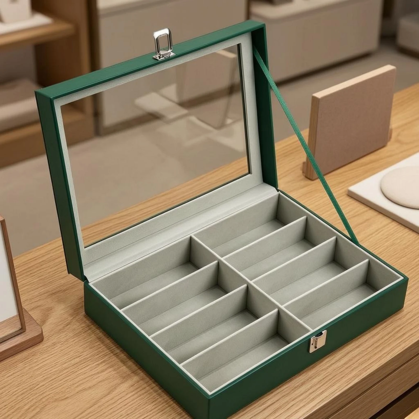 8-Slot Eyeglasses Organizer Dark Green Eyewear Display Case Glasses Storage Box Multiple Slots Sunglasses Organizer Carry Strap
