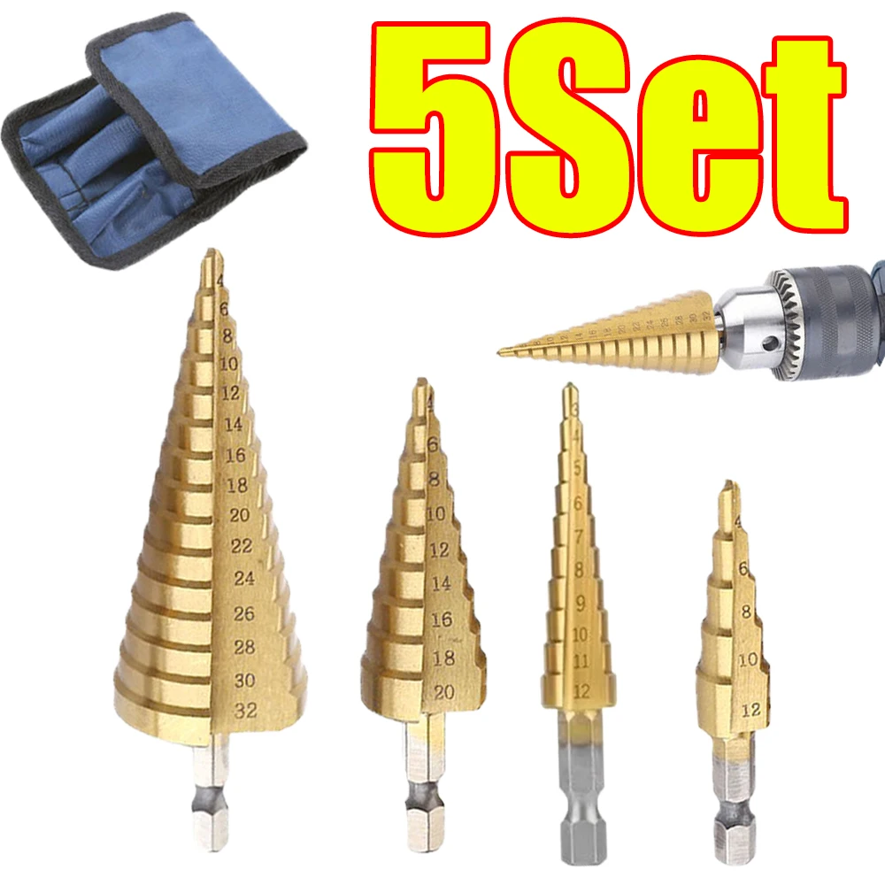 

1-5Set Step Drill Titanium Plated HSS Titanium Coated Metal Hex Core Drill 3-12 4-12 4-20 4-32mm Electric Tool Accessory Set