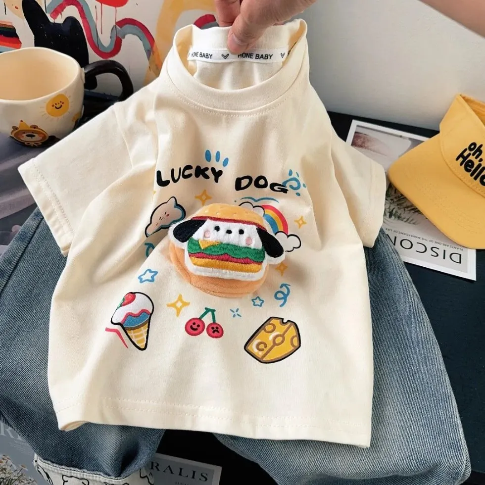 1-18Y Kids Cotton T-shirt for Boys Girls Mom Dad Clothes Short-sleeved Children's Three-dimensional Rainbow Wallet Doll Tops