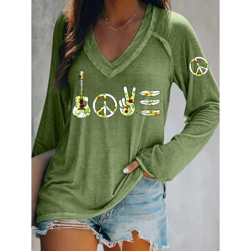Ilstile Women's Hippie Music Peace Print T-Shirts Autumn Summer Long Sleeve Casual Loose V Neck Tops Tees NEW