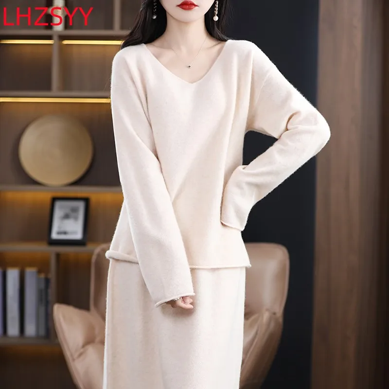 LHZSYY Fashion Women\' V-Neck Two Piece Dress 100%Pure Wool Pullovers Knit Half Skirt Spring New Large Size Cashmere Suit Sweater