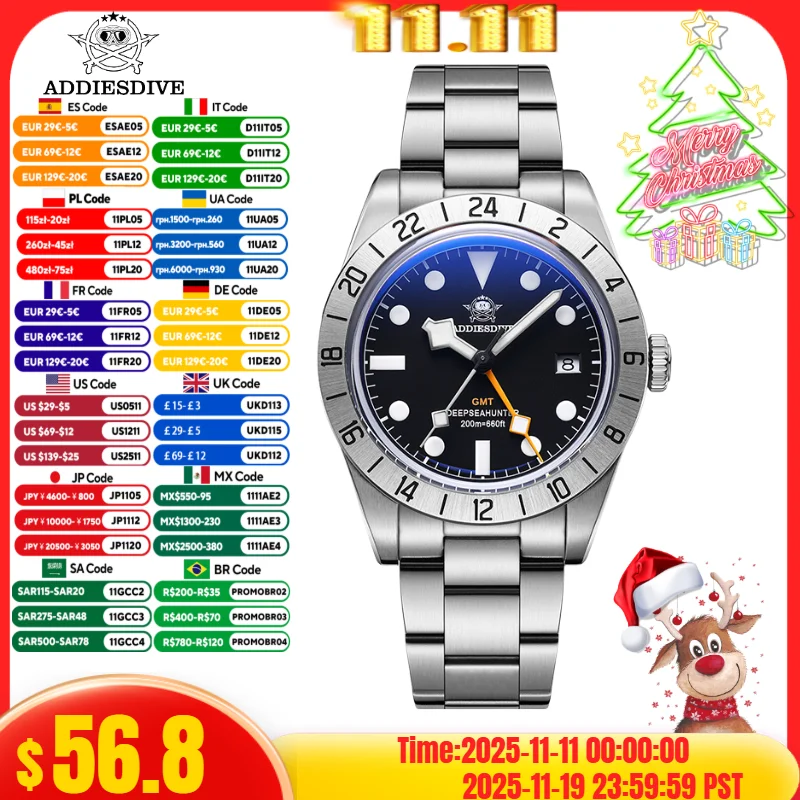 ADDIESDIVE GMT orologi da uomo 39mm Diver calendario luminoso Display in acciaio inossidabile 20ATM orologi al quarzo Reloj Hombre