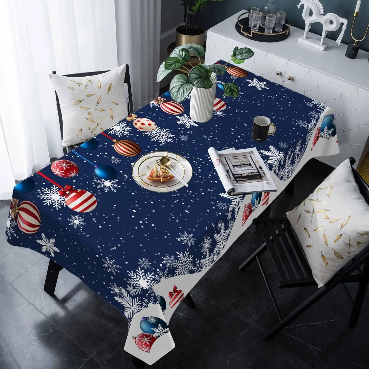 Christmas Snowflake Xmas Balls Rectangle Tablecloth Table Decor Winter Holiday Kitchen Dining Tablecloth Christmas Decorations