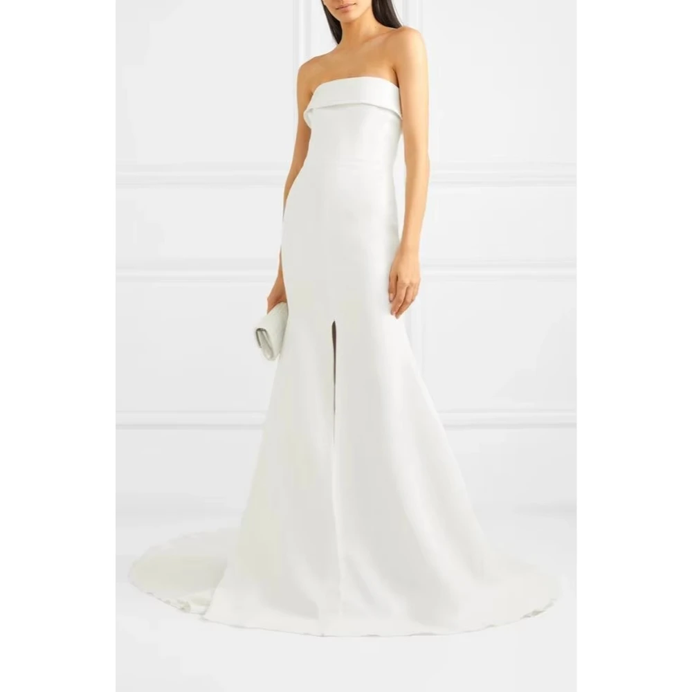 Customized Minimalist Strapless Crepe Mermaid Wedding Dress with Front High Slit and Fold Tube Neck Bridal Reception Sleek Civil