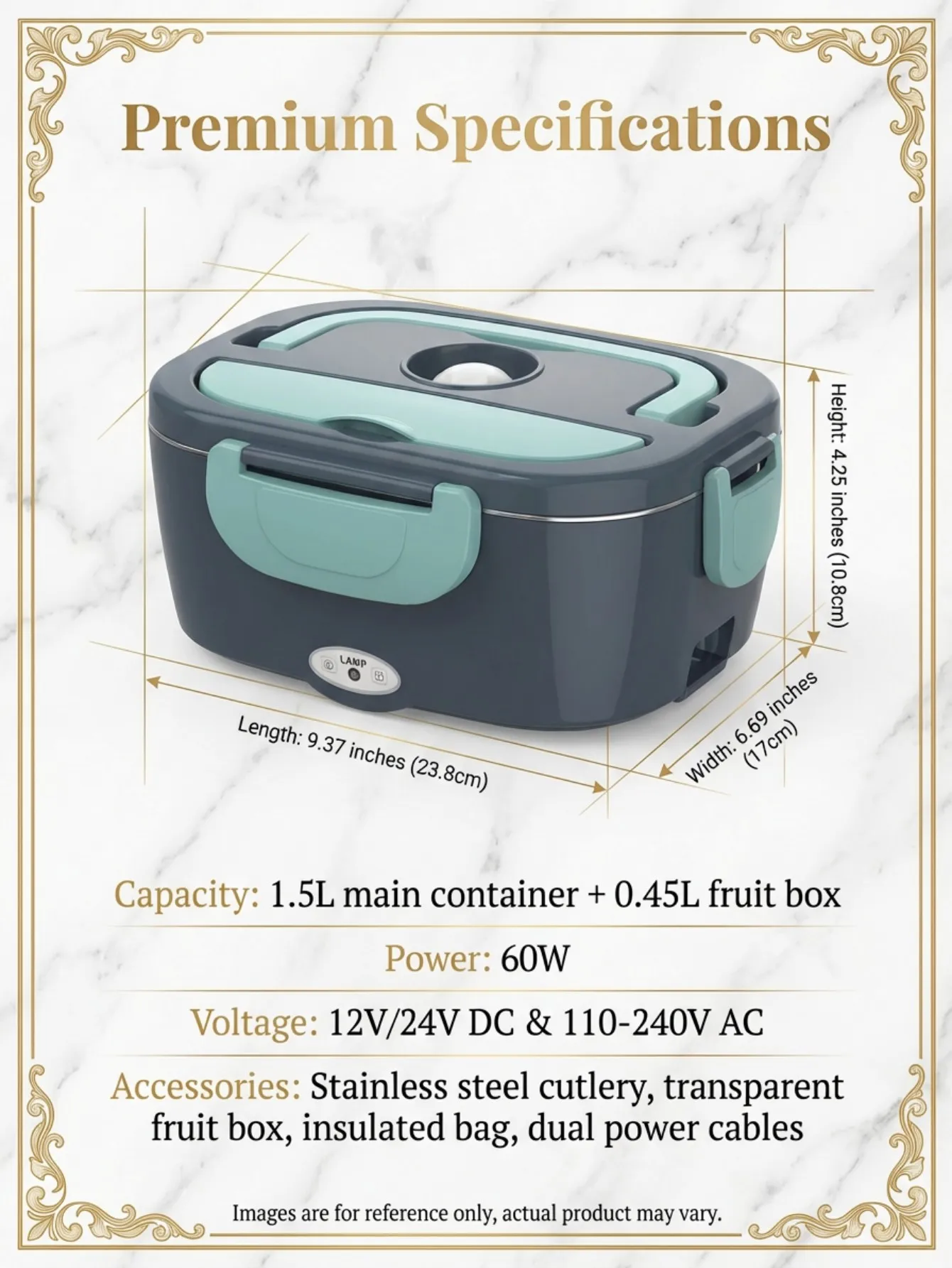 60W Electric Heated Lunch Box 1.5L 304 Stainless Steel 12V/24V Car & Home Dual Power Portable Food Warmer Leak‑Proof view 2