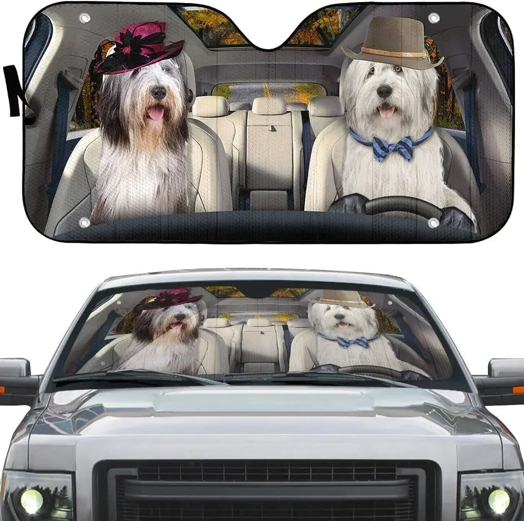 Old English Sheepdog Dog Happy Couple in Hat Left Hand Drive Car Sunshade, Old English Sheepdog Couple Driving On Highway Auto S