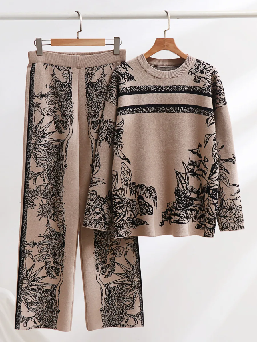 New Autumn Women's Knitting Outfits Brand Design Ink Painting Loose Knitted Sweater Jumper + Wide Leg Pants Suits Two-piece Set