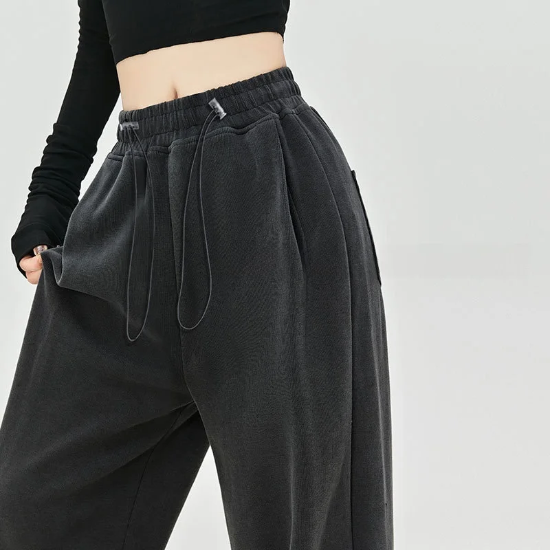 

Женские весенне-осенние свободные повседневные спортивные брюки с широкими штанинами, высокой талией, из хлопка, с декором в виде свиного носа, для фитнеса