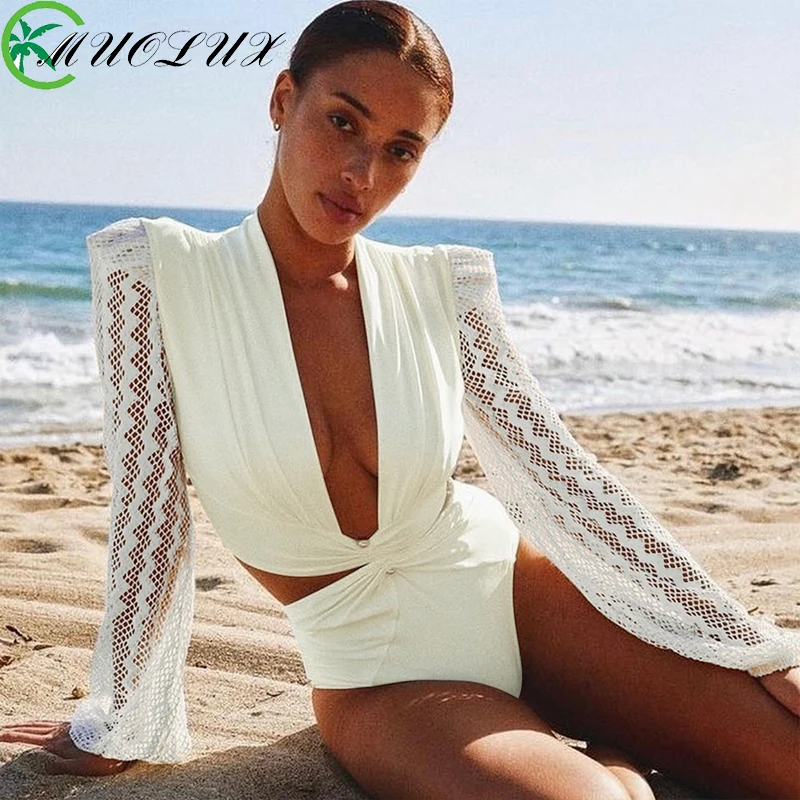 2024 Swimsuit Long Sleeves Sport One Piece Women Swimsuit Surfing Swimwear Solid White Lace Monokini BathingSuit Bodysuit Beach