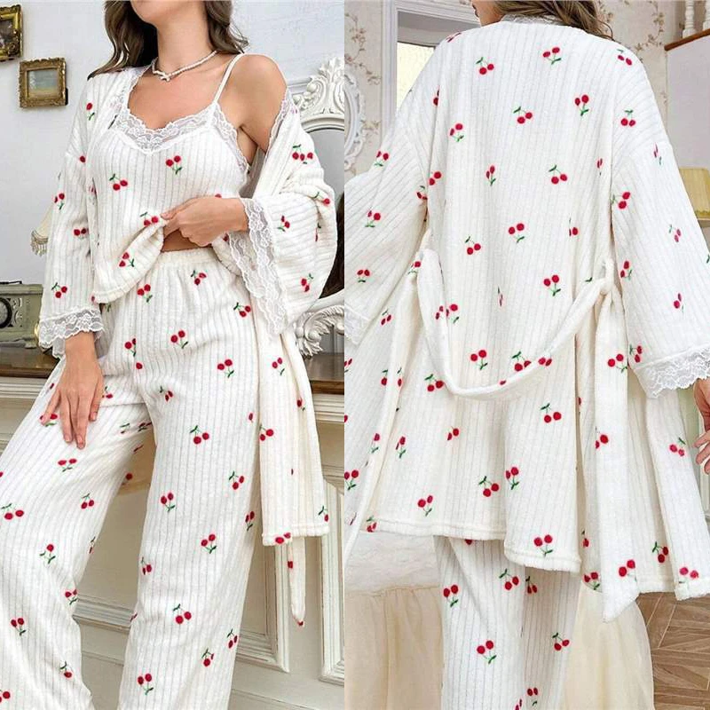 

Romantic Nightwear Ladies Pajamas New Night Dress Nightie Woman Night Set 3 Piece Sexy Lace Trim Sleepwear Women's Peignoirs