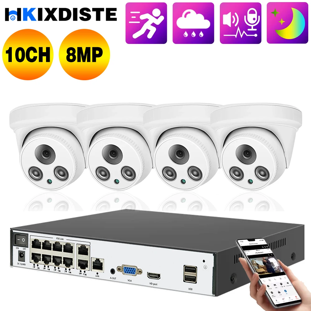 CCTV 10CH 8MP 4K Security Camera System HD POE NVR Kit  Audio Record Human Detection Outdoor Video Surveillance IP Camera Set