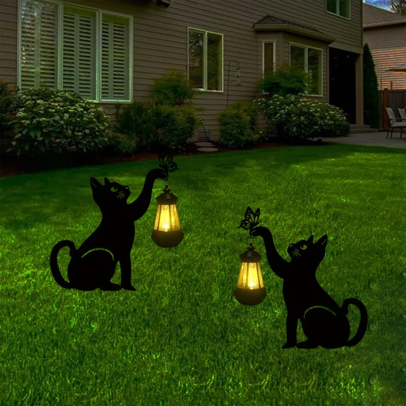 

Solar powered outdoor courtyard lights automatically light up in the dark, camping atmosphere, iron art, black cat ground, lawn