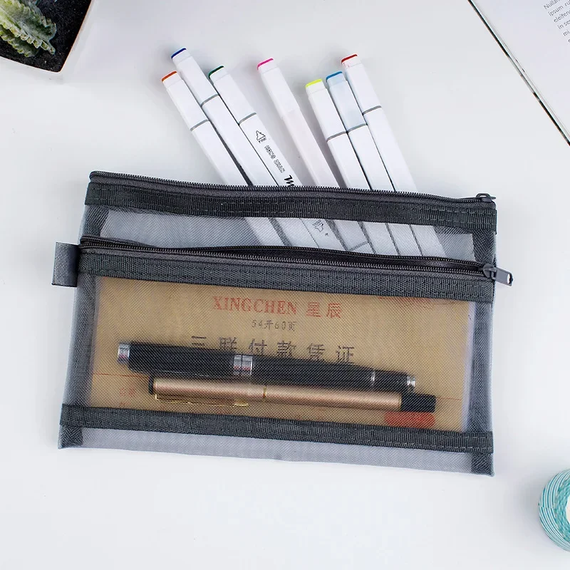 Double Layer Mesh Cards Organizer Bag Zipper Toiletry Kits Nets Stationery Pens Pencil Bag Cosmetics Storage Bags High Capacity