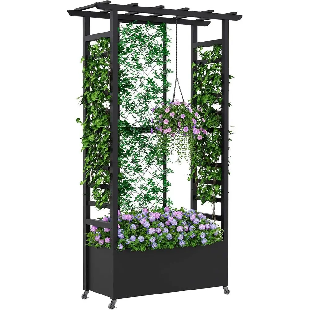

Elevated Garden Bed with Trellis and Hanging Baskets, Metal Planter Box on Wheels, Outdoor Climbing Plant Support, 74 H x 44 L x