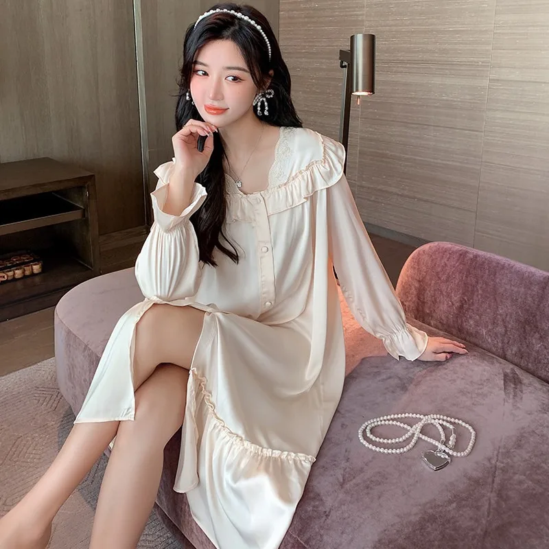 

Retro French Court Style Princess Nightdress Loungewear Sweet Ruffle Long Sleeve Nightgown Sleepwear Women Casual Satin Homewear