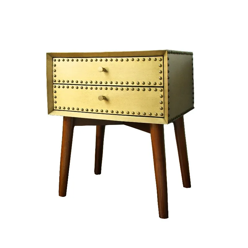 Mini gold copper bedside table, multi-function two-drawer black walnut solid wood locker