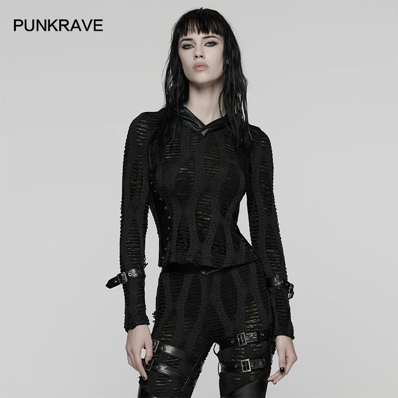 PUNK RAVE Women's Decadent Punk Simple Hooded Design T-Shirt Side Splicing Modify The Waistline Dark Avant-garde Tops