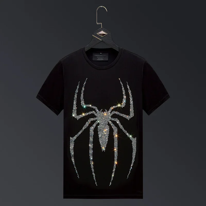 

Plus Size 2025 Spider Hot Drilling Short Sleeve T Shirts Men Clothing Fashion Streetwear Mercerized Cotton O Neck Slim Tshirts