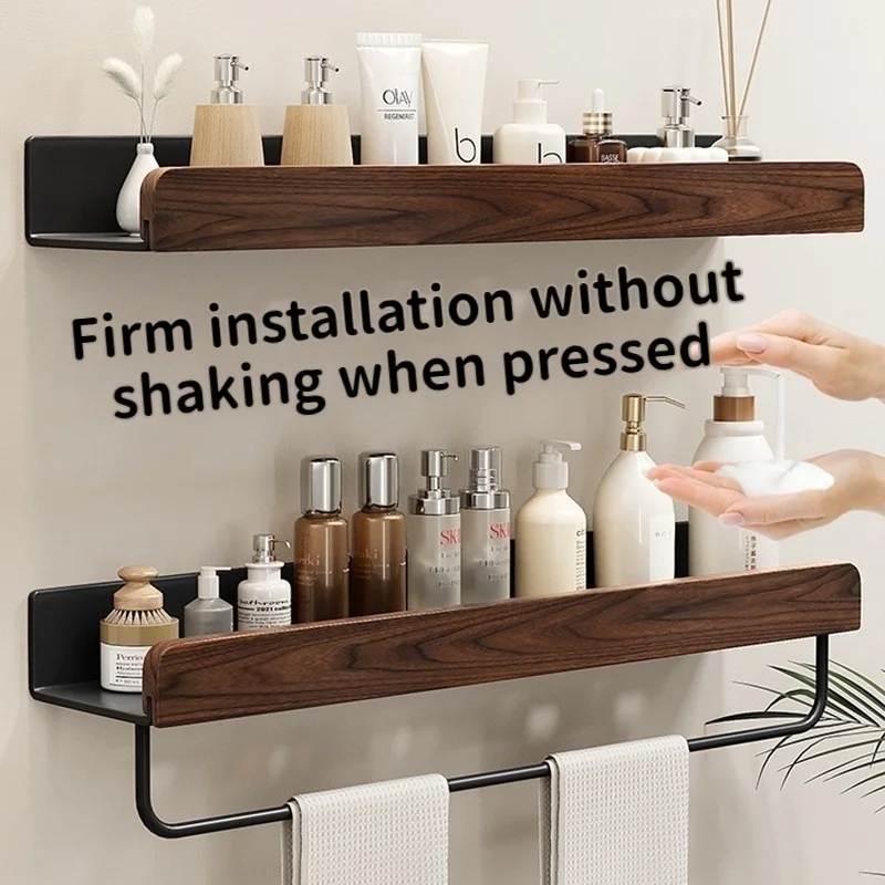 Removable Punch-Free Wall Mount Walnut Wood Bathroom Rack, Multifunctional Bathroom Storage Organizer Shelf