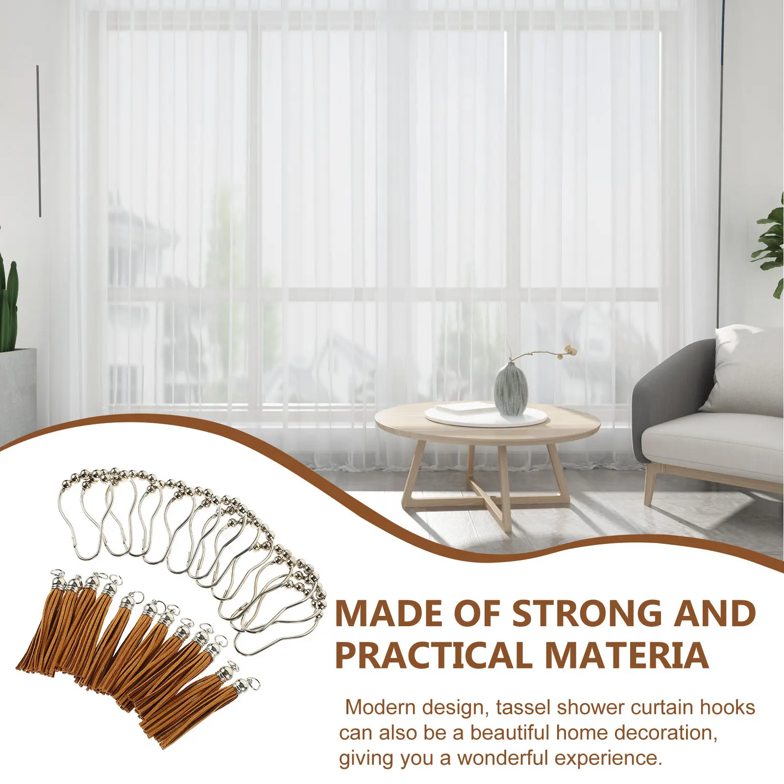 12Pcs Decorative Shower Curtain Hooks Tassel Smooth Bathroom Curtain Rings Strong Shower Rod Hooks for Home view 3