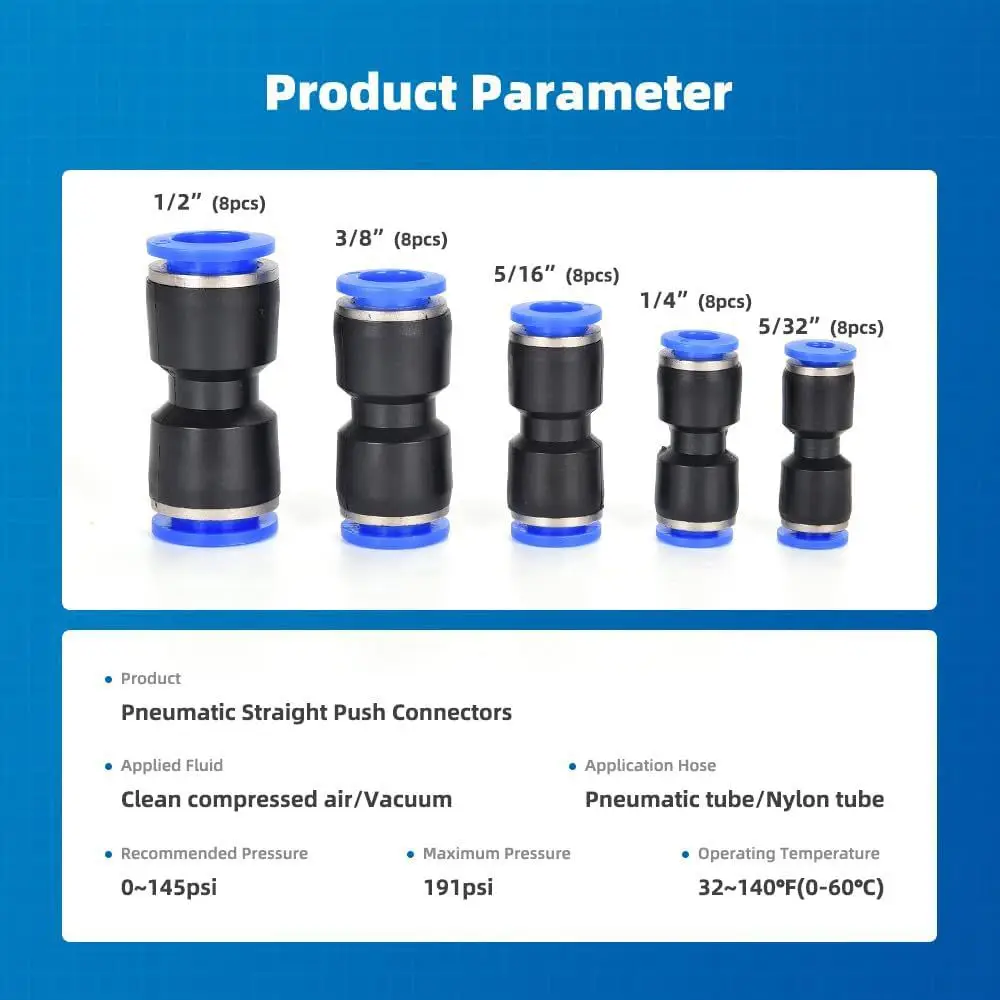 40Pcs Straight Quick Pneumatic Fittings Assortment 5/32 1/4 5/16 3/8 1/2 Inch Push In Connector