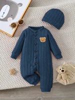 【Baby Boy】Autumn & Winter Red Onesie with Front Single-Breasted Buttons and Cute Bear Badge on Chest + Red Hat Set Featuring a W 3
