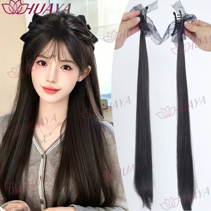 Women’s Synthetic Fiber Luxury Bow Claw Clip Ponytail Hair Extensions, Tulle Wavy Ponytail / Tulle Straight Ponytail 2 Styles Av