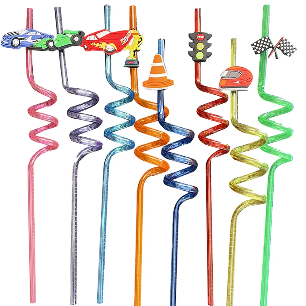 8 Pcs/Set Hot wheels Birthday Party Reusable Favors Straws Supplies Cartoon Themed Plastic Rainbow Drinking Straws with