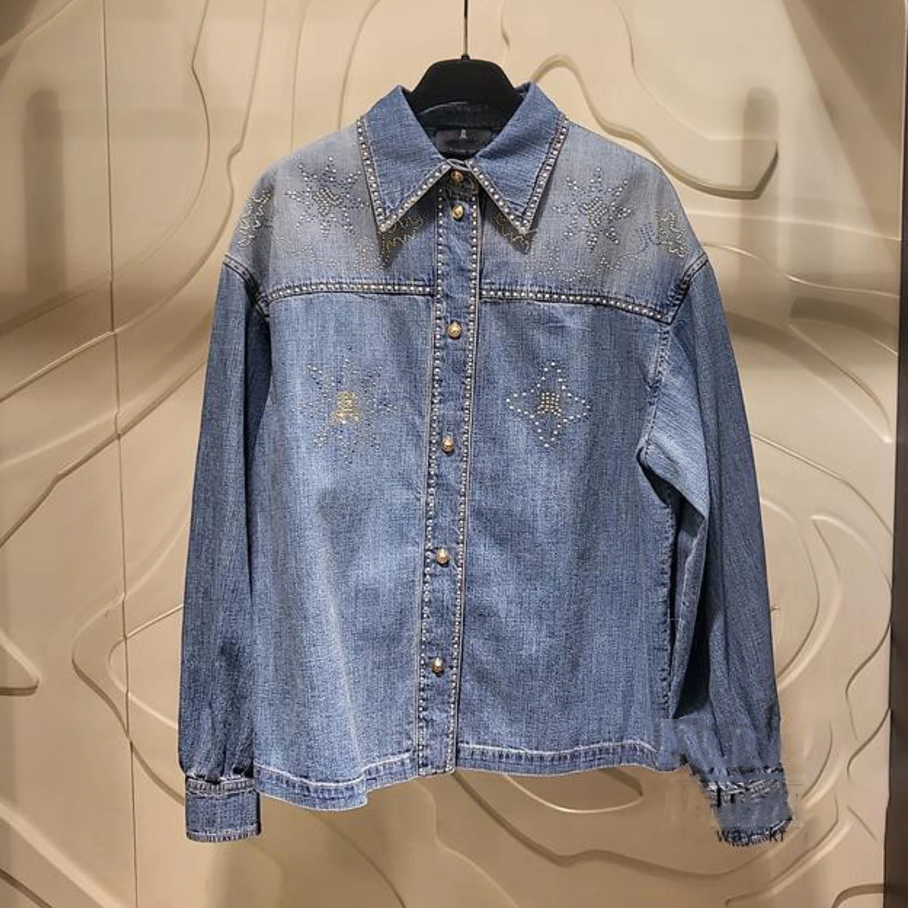 

Casual Heavy Rhinestone Denim irt + Nine-Piece Jeans Korean Single L*NVN Spring 2025 Women's Commute Sle Cotton Long Sle...