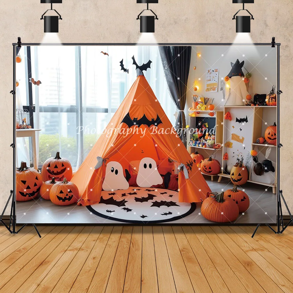 Halloween Backgrounds For Photographs Ghost Pumpkin Lantern Bat Tent Window Indoor Birthday Decoration Backdrop Photocall