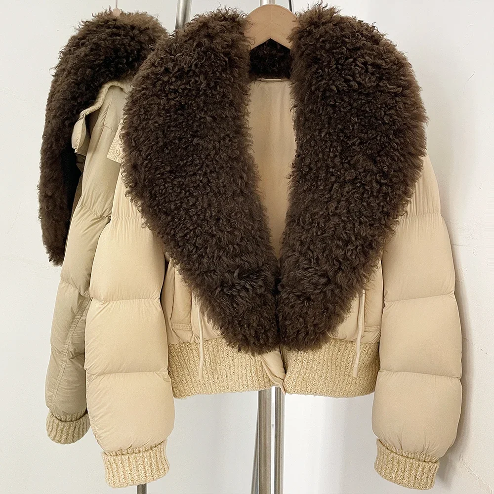 OFTBUY Jacket with Fur Collar Fluffy Duck Down Coat Hooded Belted Ultra Warm Fur Jacket Thermal Cold Weather for City Fashion