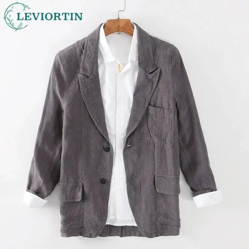 

Мужской льняной пиджак, деловой повседневный легкий спортивный костюм с двумя пуговицами, удобные дышащие костюмы для отдыха, осень