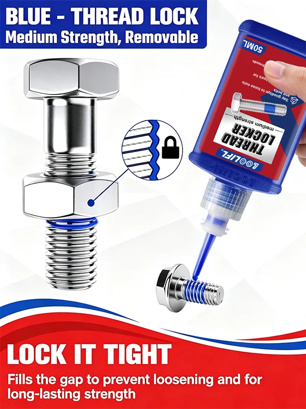 Lo0Lifl243 Blue Medium-Strength Removable Thread Locker 50ml, Anti-Vibration and Anti-Loosening Screw Locking Adhesive, Suitable for Metal Threaded Bolts and Nuts, Hand Tools, Quick Removal, Setting Time 10 Minutes, Te