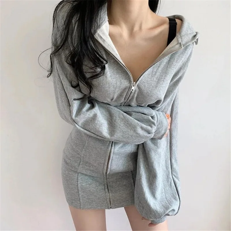 

Women Fashion Casual Autumn Winter Warm High Waist Long Sleeve Girl Tummy Control Hooded Side Pockets Front Zipper Dress Grey