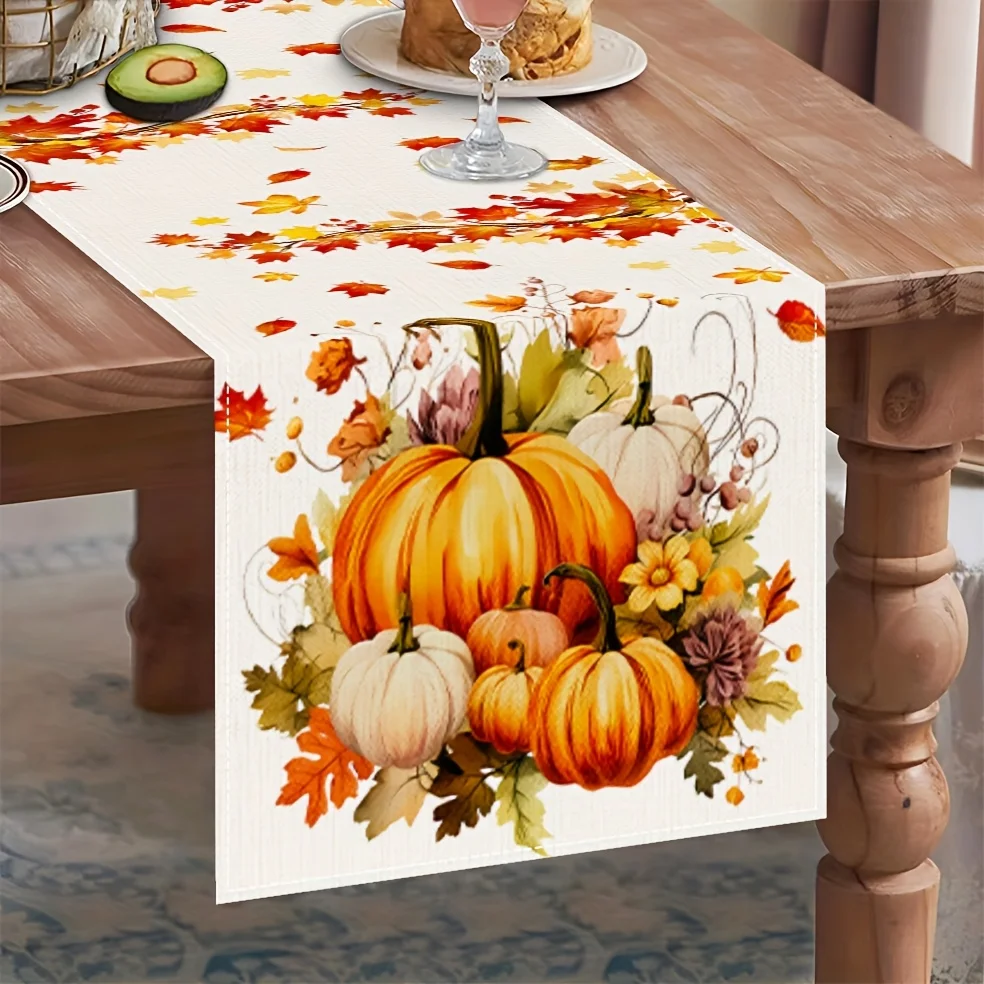 1pc 100% PolyesterAutumn Thanksgiving Table Runner Pumpkin Maple Leaf Design, Rustic Farmhouse Decor For Restaurants, Weddings,