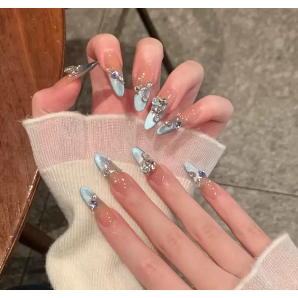 

10 шт. роскошных синих блестящих накладных ногтей – стиль «Rich Girl», элегантные сверкающие ногти «русалка» с возможностью выбора разных размеров