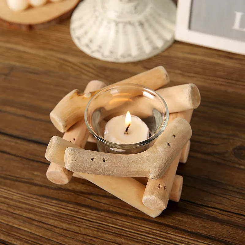 Vintage Driftwood Candle Holder Rustic Glass Decor for Home Office Desk Photography Prop