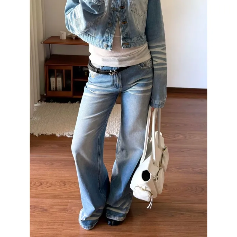 

Осенние американские светло-голубые широкие джинсы с низкой талией, женские новые тонкие свободные прямые брюки длиной до пола, повседневные джинсовые брюки