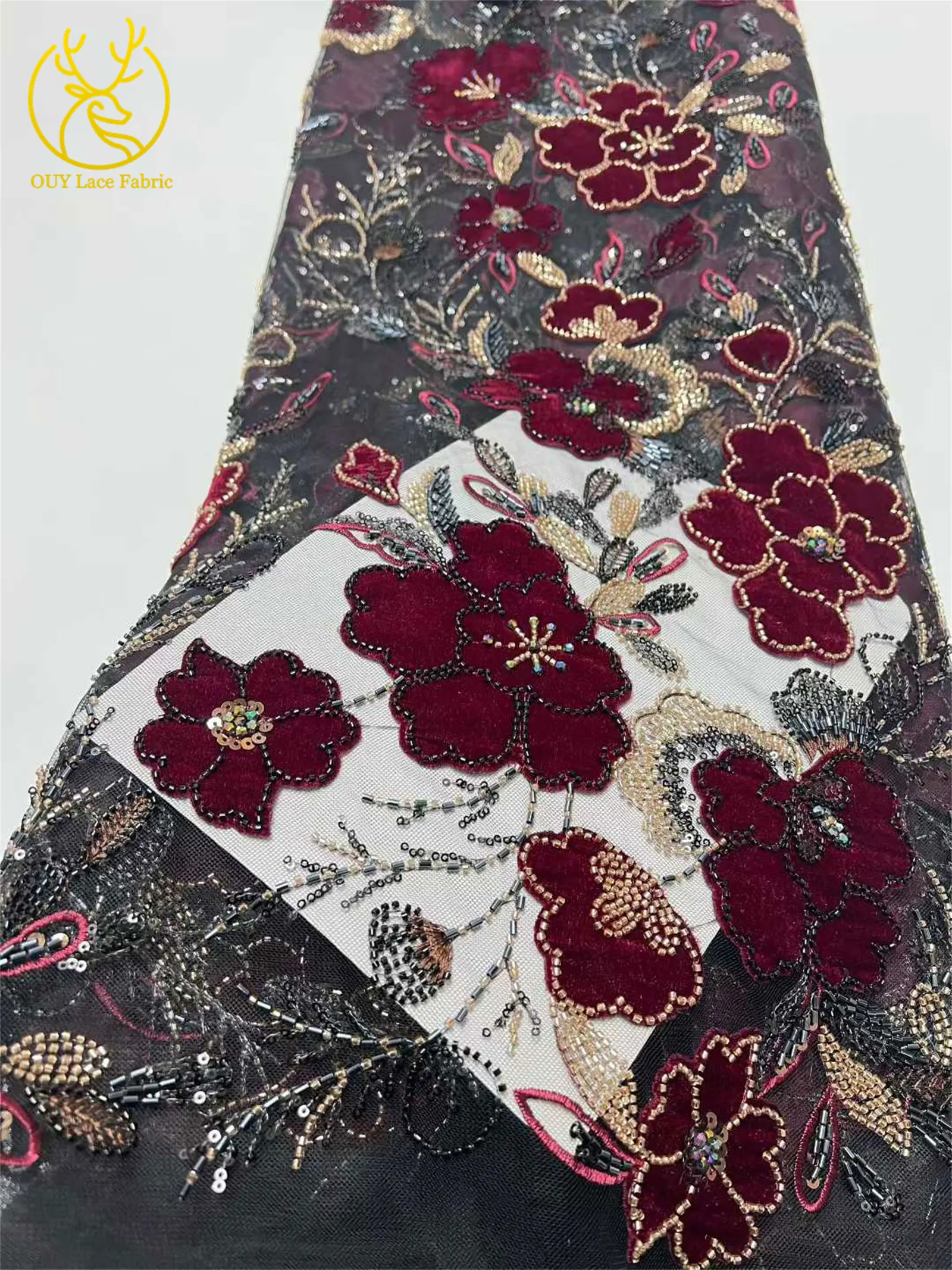 Neues Design Samt-Pailletten-bestickter Spitzenstoff 2026 Hochwertiger afrikanischer Perlen-Spitzenstoff Brautparty Hochzeitskleid Kleid – Detail 6
